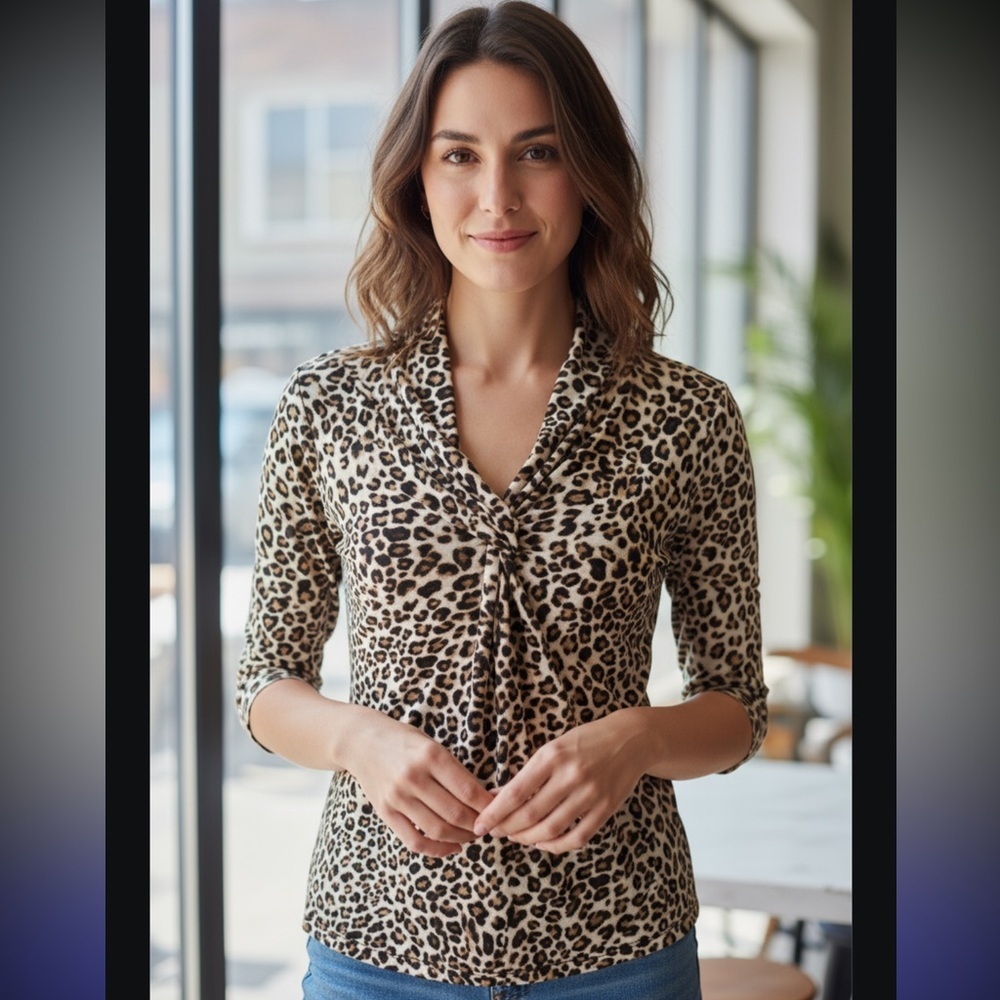 NWOTPremise Brown and Black Asymmetrical Blouse with Notched Collar - Picture 1 of 4